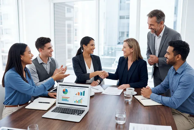 meeting, conference, business, office, team, collaboration, agreement, handshake, partnership, corporate, professional, discussion, presentation, chart, graph, laptop, documents, strategy, negotiation, success, leadership, workplace, formal, ai generated. B2B influencer marketing: signals and pilot planning