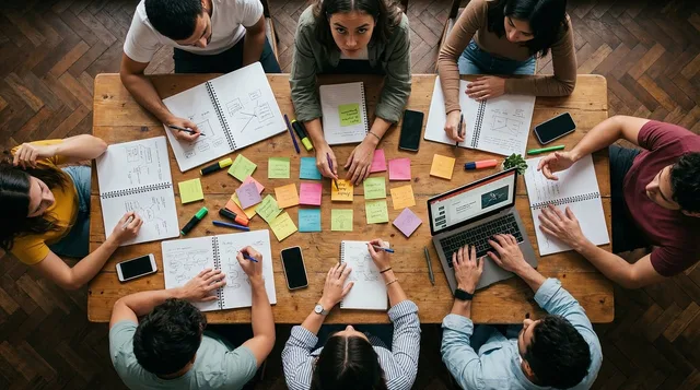 eam, workshop, office, collaboration, sticky notes, planning, strategy, brainstorming, table, overhead, people, working, laptop, notebooks, creativity, business, meeting, together, analysis, group, ai generated. How to scope a B2B influencer marketing tool implementation around your process