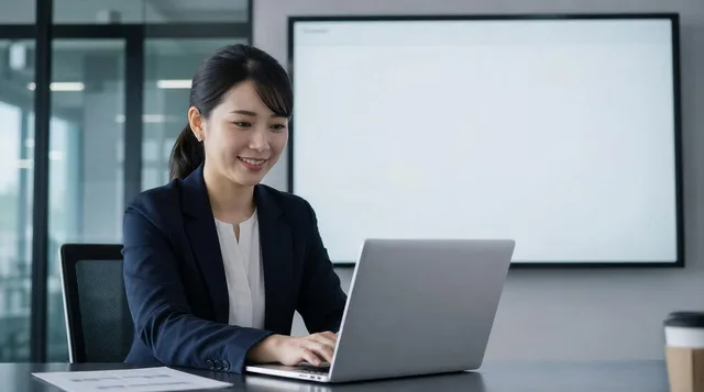 woman, laptop, office, business, working, smiling, manager, professional, planning, meeting, corporate, formal, suit, technology, blouse, intelligent, table, project, multitasking, drinking coffee. B2B influencer marketing outlook: trends, risks and budgets